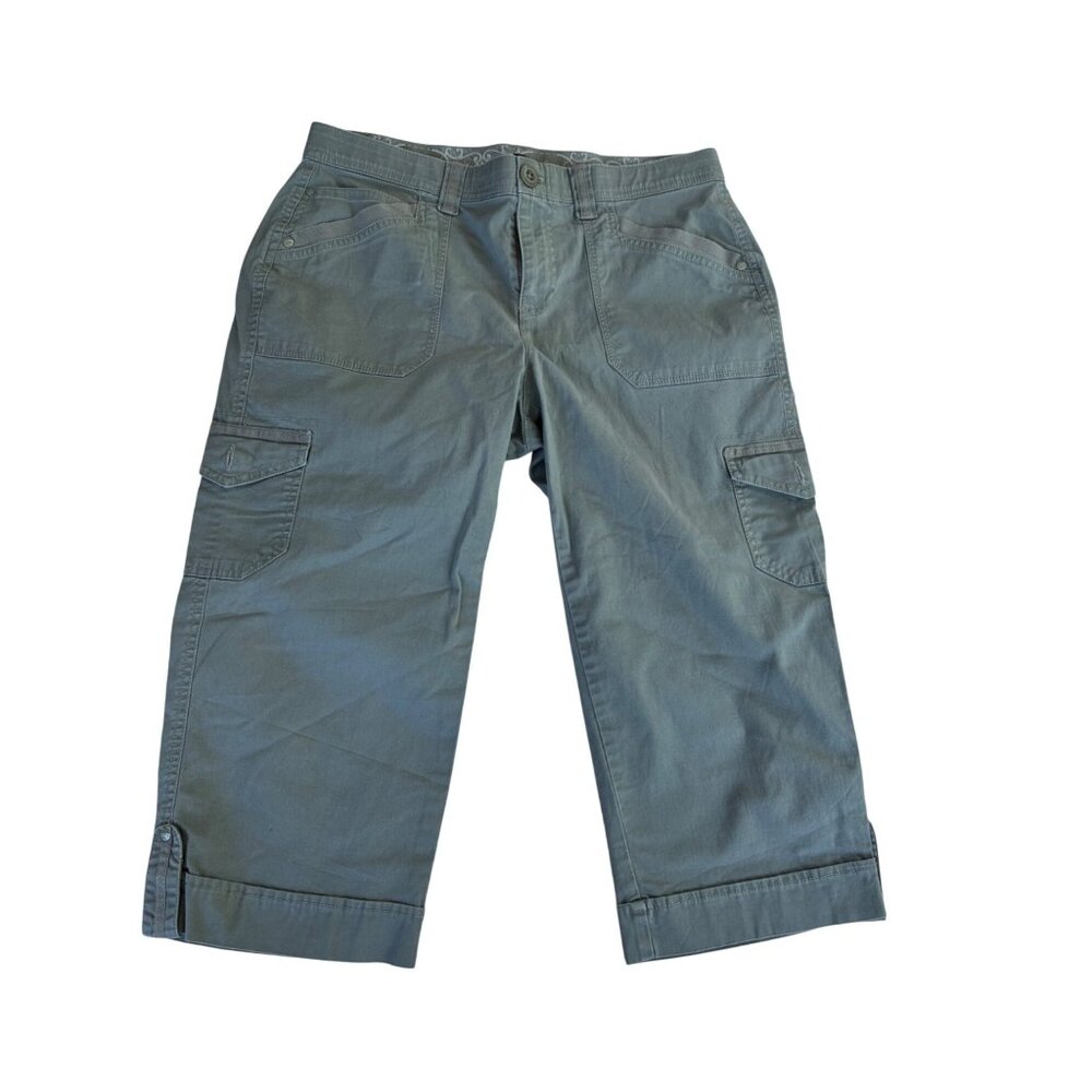 Gloria Vanderbilt Cargo Capri Pants Size 8 Green With Pockets Button & Zip Closu